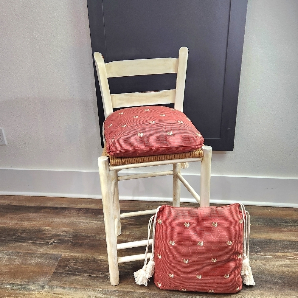 Two Vintage French Chicken Embroidered Extra Thick Chair Pad With Fringe